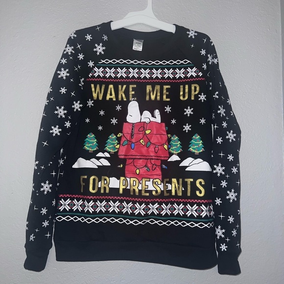 Peanuts Sweaters - Peanut Snoopy Wake Me Up For Presents Ugly Christmas Black Sweater Women Small